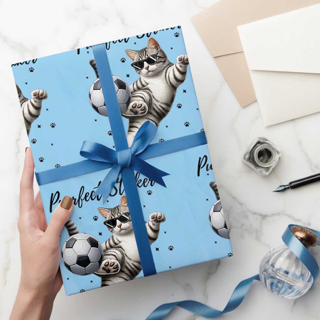 Purrfect Striker Wrapping Paper Roll Funny Cat Soccer Player Gift TS12 Light Blue Print Your Wear