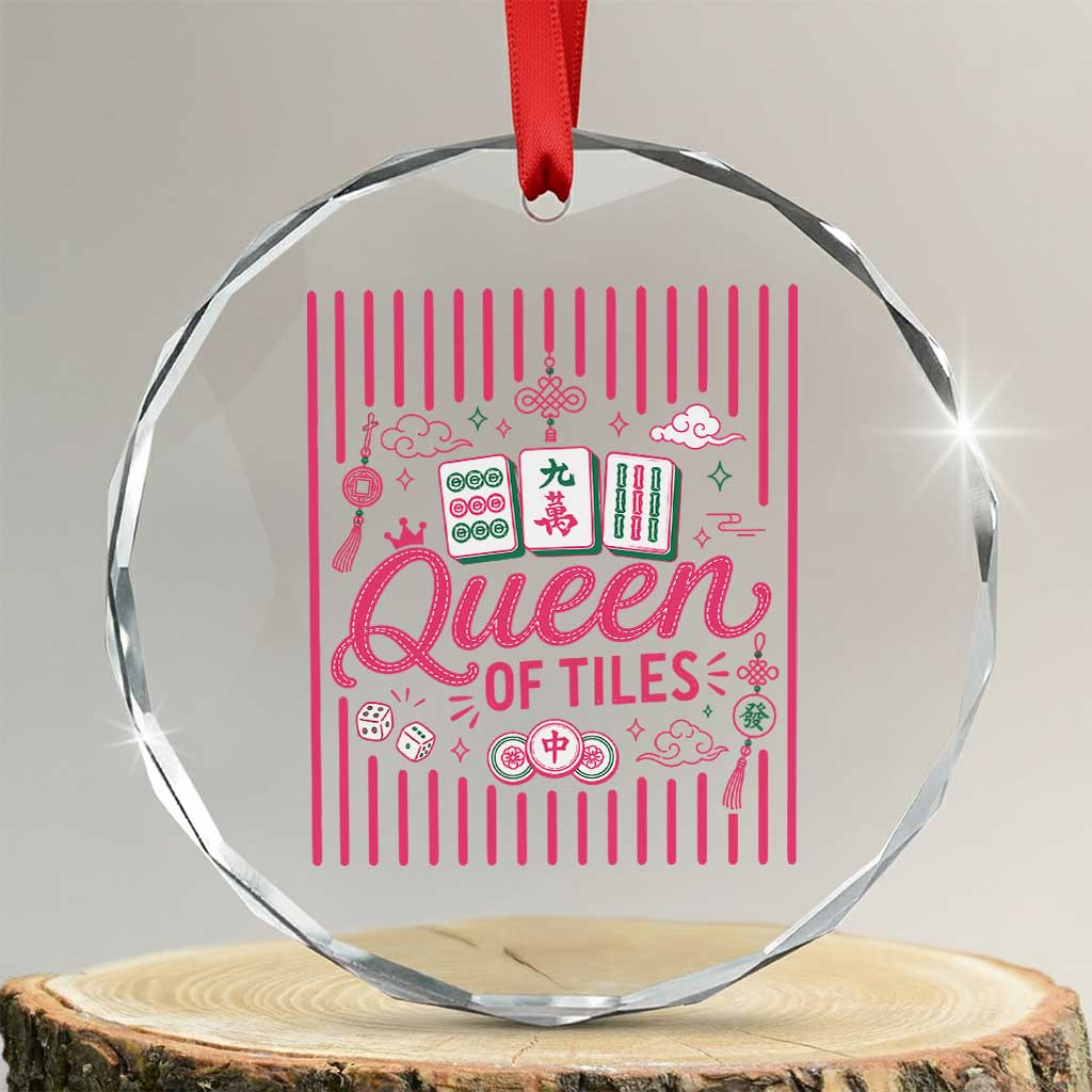 Queen Of Tiles Pink Mahjong Lover Game Night Graphic Crystal Glass Ornament TS10 Transparent Glass 3'' Circle Print Your Wear