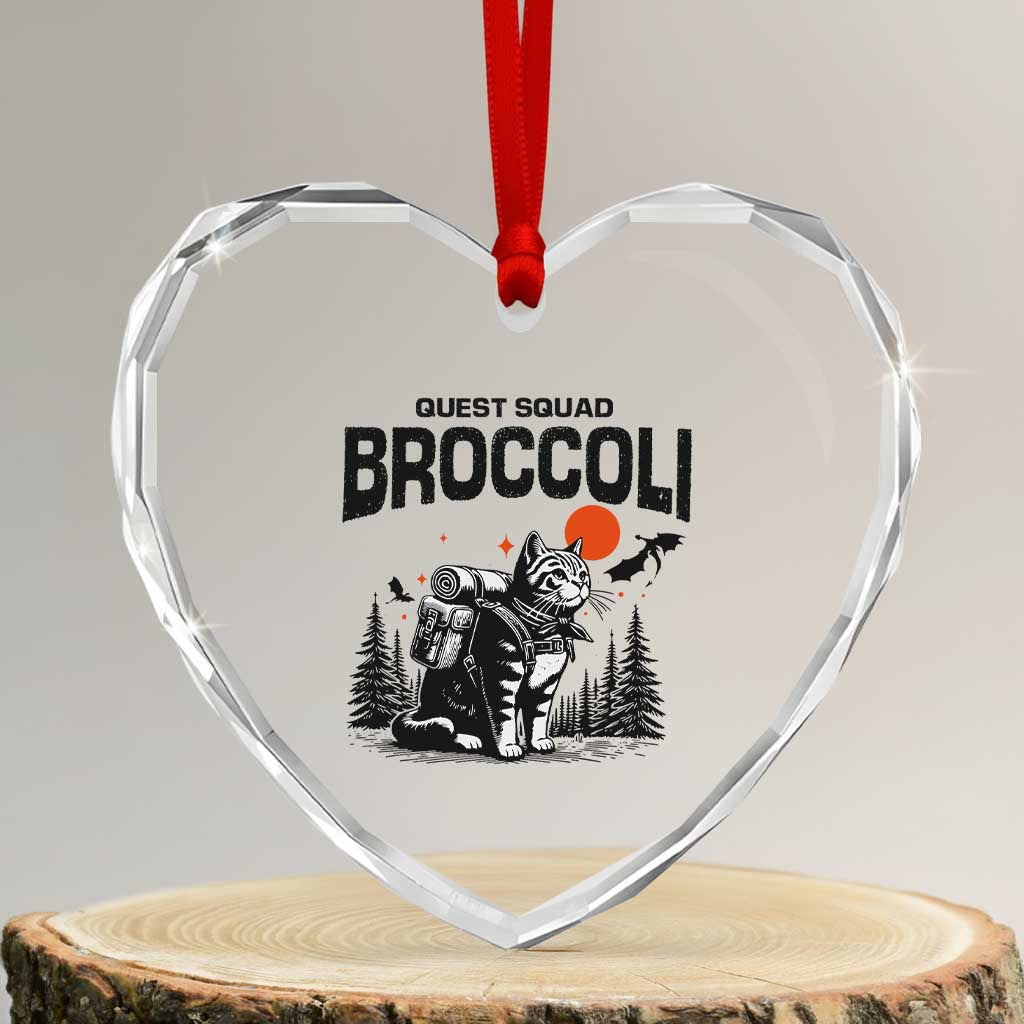 Quest Squad Broccoli Cat Heart Crystal Glass Ornament Funny Hiking Adventure Cute Camping Feline TS02 Transparent Glass 3'' Heart Print Your Wear