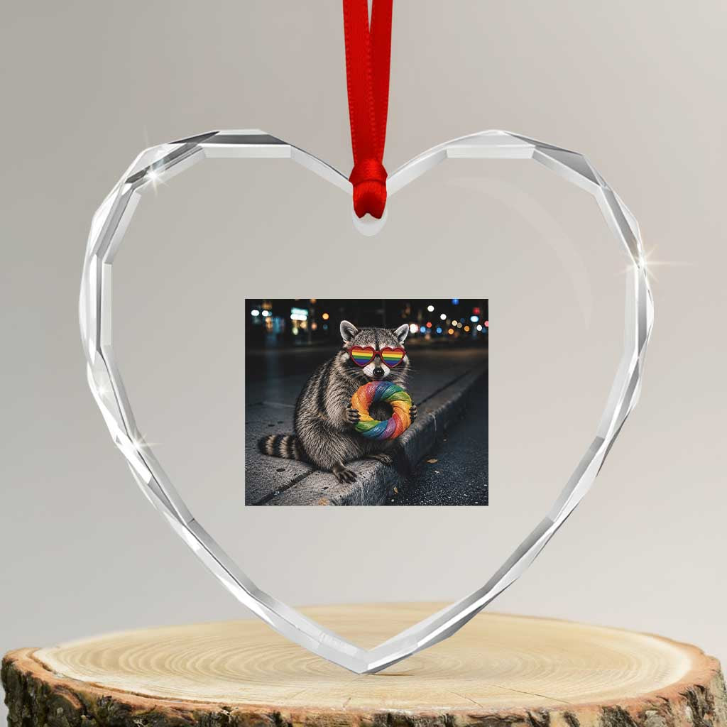 Raccoon Eating Baguette Graphic Heart Crystal Glass Ornament Humorous Gay Pride Gift