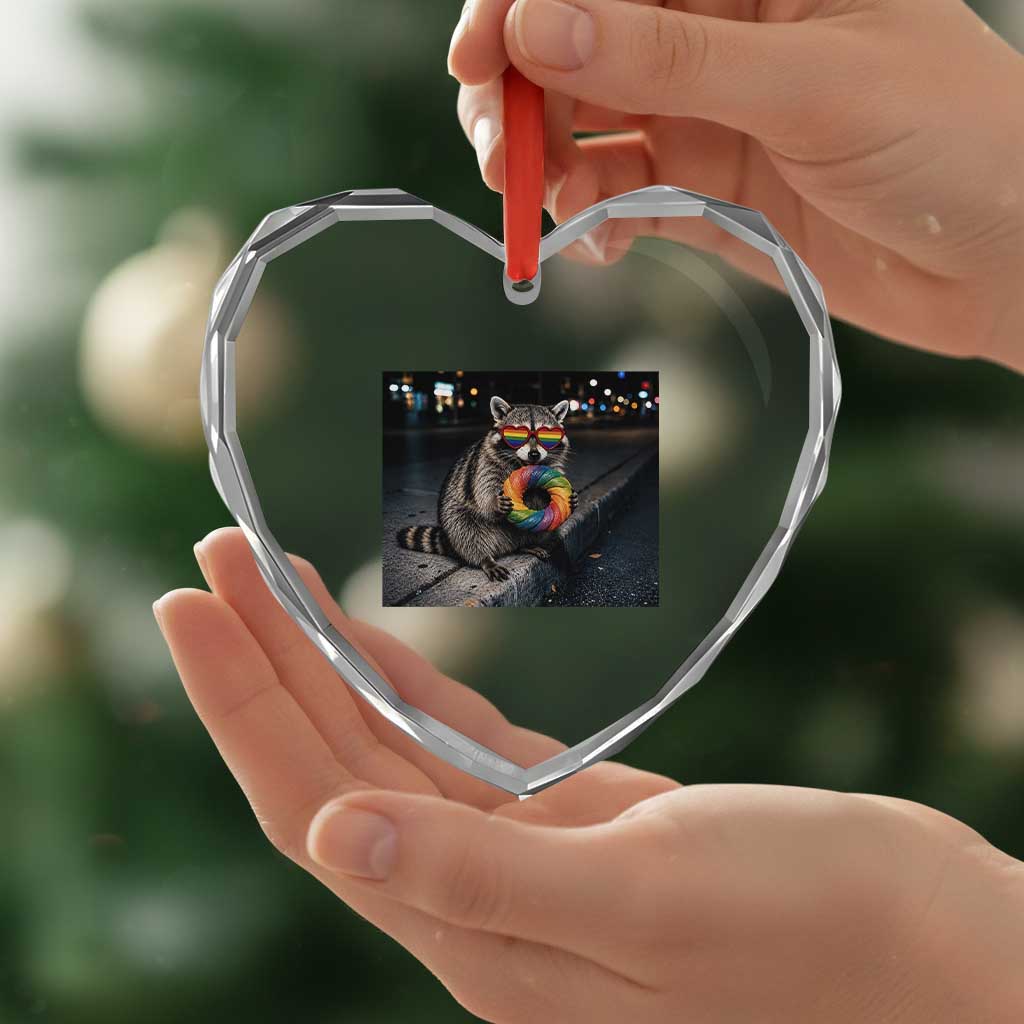 Raccoon Eating Baguette Graphic Heart Crystal Glass Ornament Humorous Gay Pride Gift