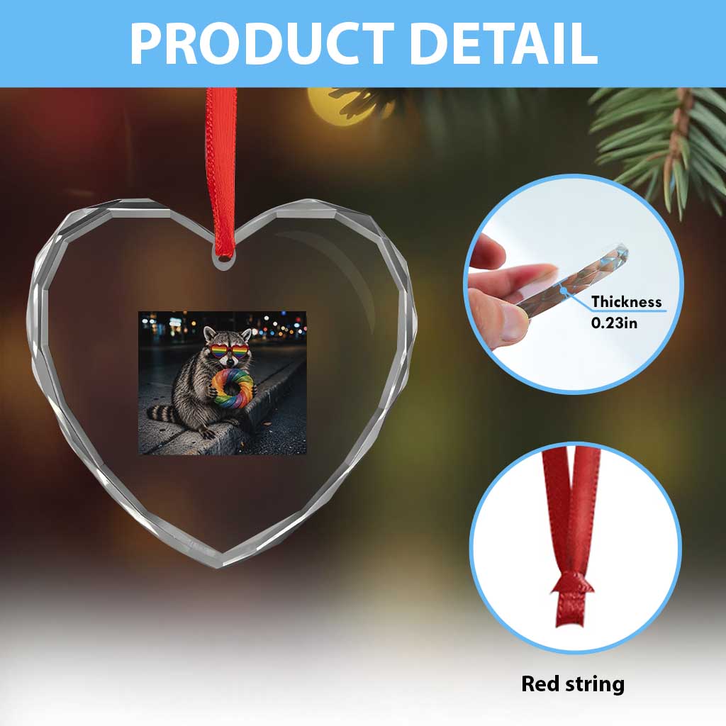 Raccoon Eating Baguette Graphic Heart Crystal Glass Ornament Humorous Gay Pride Gift