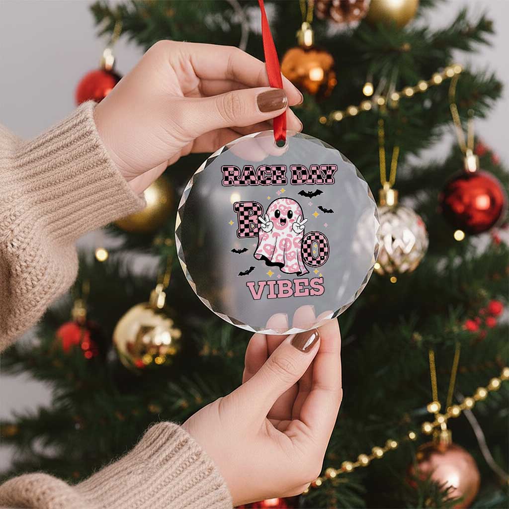 Race Car Halloween Crystal Glass Ornament Boo Checkered Coquette Bow TS14 Print Your Wear