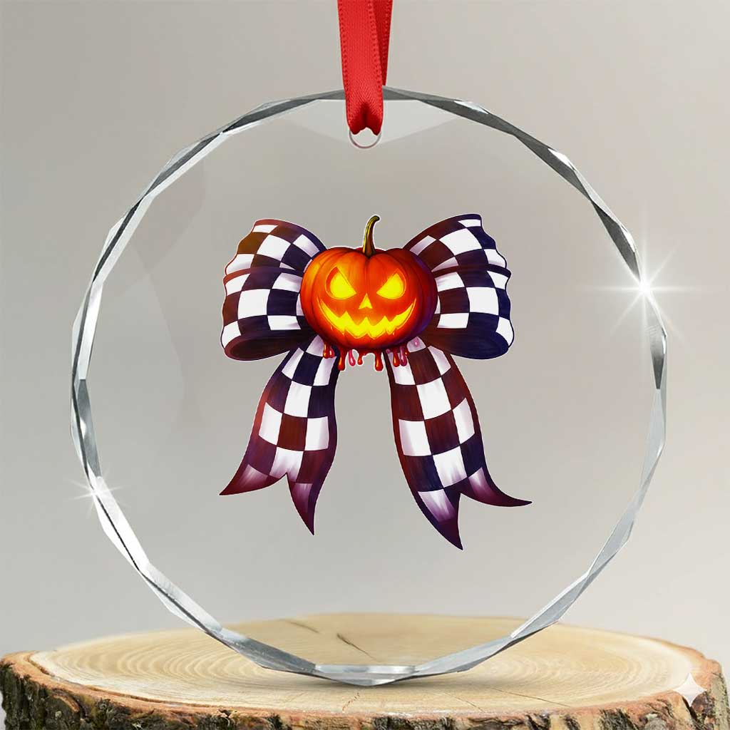 Race Car Halloween Crystal Glass Ornament Pumpkin Checkered Coquette Bow TS14 Transparent Glass 3'' Circle Print Your Wear