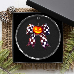 Race Car Halloween Crystal Glass Ornament Pumpkin Checkered Coquette Bow TS14 Print Your Wear
