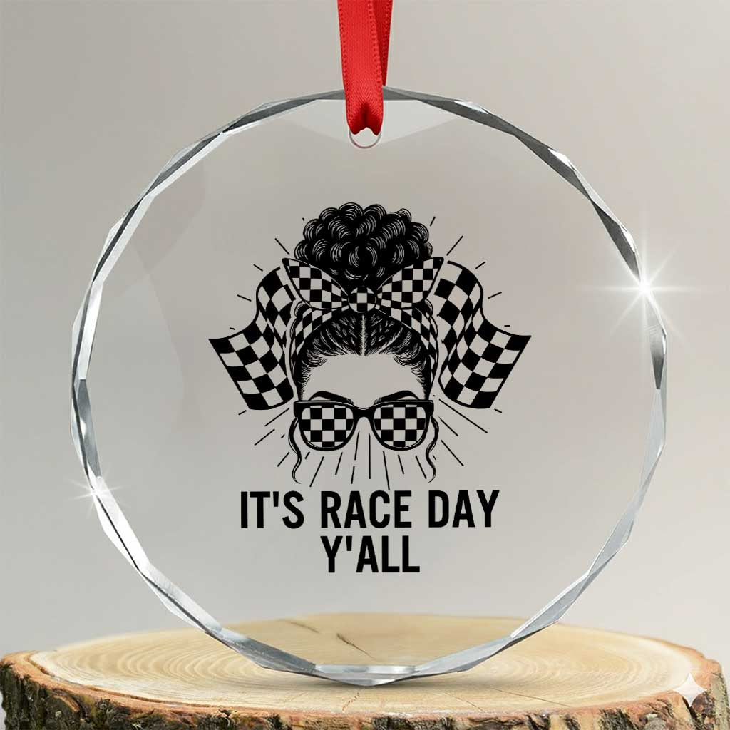 Racing Car Checkered Flag Crystal Glass Ornament Messy Bun Woman Race Day TS14 Transparent Glass 3'' Circle Print Your Wear