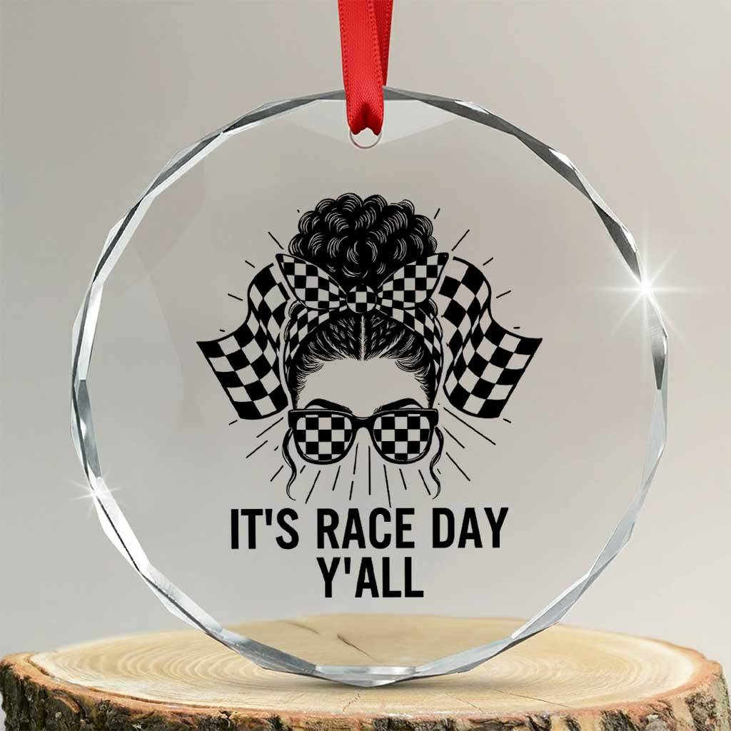 Racing Car Checkered Flag Crystal Glass Ornament Messy Bun Woman Race Day TS14 Transparent Glass 3'' Circle Print Your Wear
