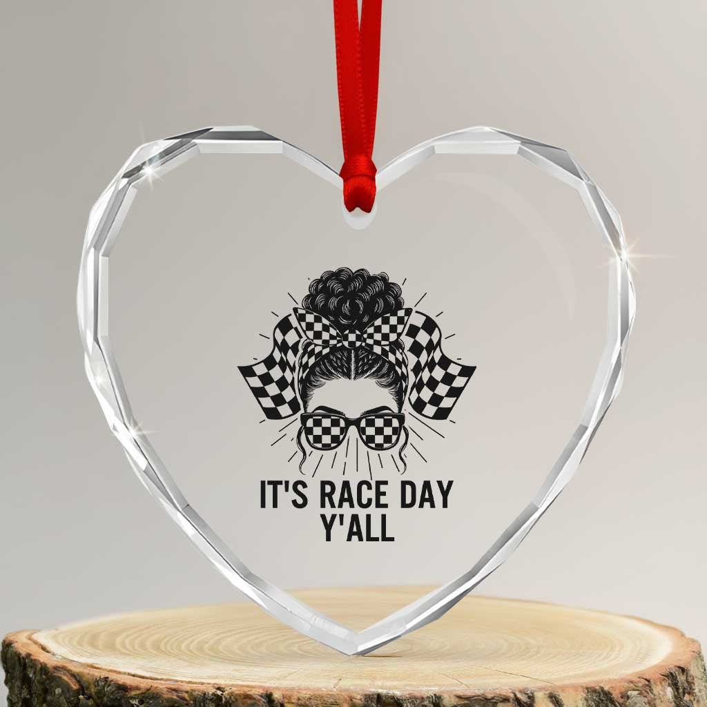 Racing Car Checkered Flag Heart Crystal Glass Ornament Messy Bun Woman Race Day TS14 Transparent Glass 3'' Heart Print Your Wear