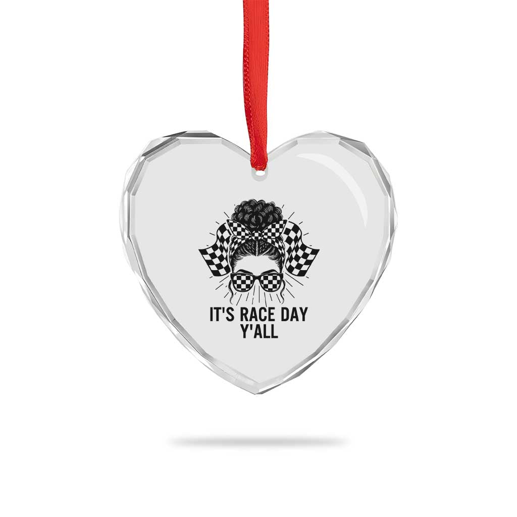 Racing Car Checkered Flag Heart Crystal Glass Ornament Messy Bun Woman Race Day TS14 Print Your Wear