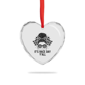 Racing Car Checkered Flag Heart Crystal Glass Ornament Messy Bun Woman Race Day TS14 Print Your Wear