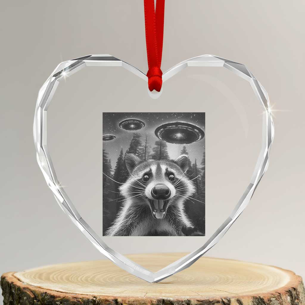 Racoon Meme Heart Crystal Glass Ornament Selfie With Alien UFO TS10 Transparent Glass 3'' Heart Print Your Wear