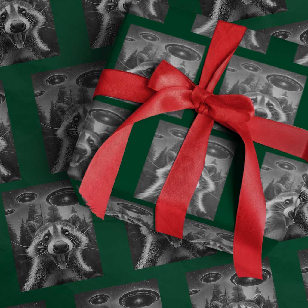 Racoon Meme Wrapping Paper Roll Selfie With Alien UFO TS10 Green Print Your Wear