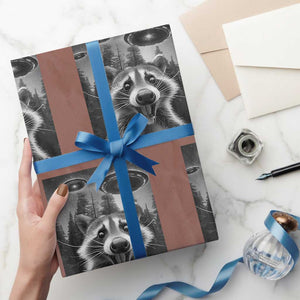 Racoon Meme Wrapping Paper Roll Selfie With Alien UFO TS10 Mocha Print Your Wear