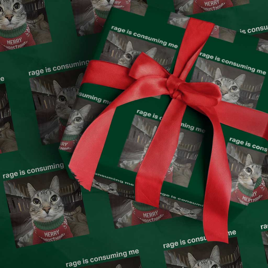 Rage Is Consuming Me Christmas Wrapping Paper Roll Funny Silly Staring Cat Meme Xmas Ugly Sweater TS11 Green Print Your Wear