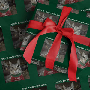 Rage Is Consuming Me Christmas Wrapping Paper Roll Funny Silly Staring Cat Meme Xmas Ugly Sweater TS11 Green Print Your Wear