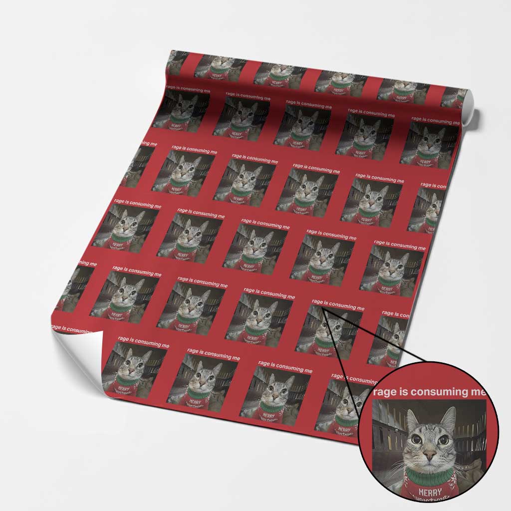 Rage Is Consuming Me Christmas Wrapping Paper Roll Funny Silly Staring Cat Meme Xmas Ugly Sweater TS11 Red Print Your Wear