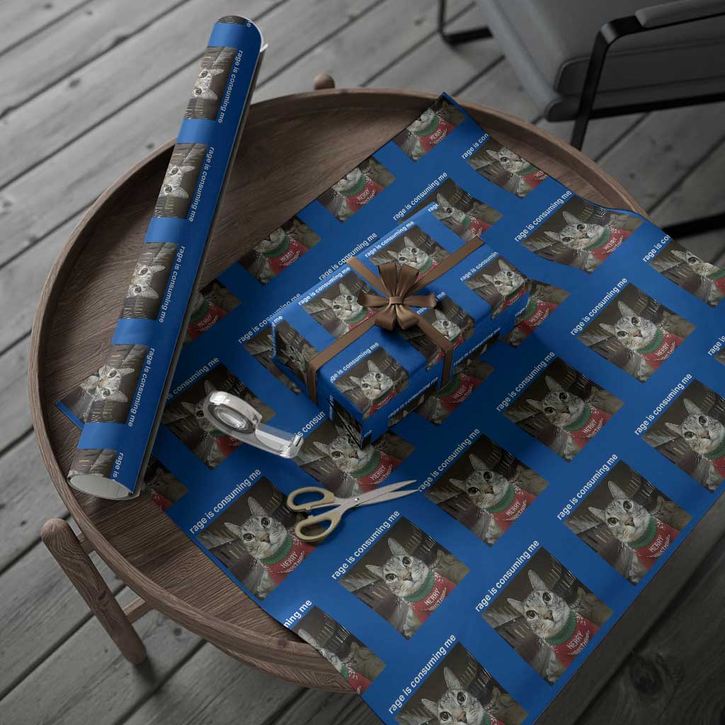 Rage Is Consuming Me Christmas Wrapping Paper Roll Funny Silly Staring Cat Meme Xmas Ugly Sweater TS11 Blue Print Your Wear