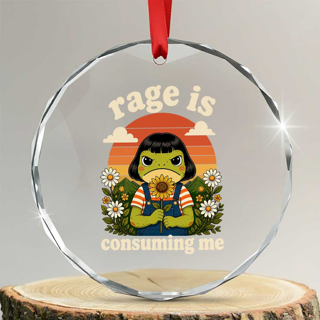 Rage Is Consuming Me Funny Cute Retro Cottagecore Frog Meme Crystal Glass Ornament Holding Sunflower Sunset Aesthetic Humor TS02 Transparent Glass 3'' Circle Print Your Wear
