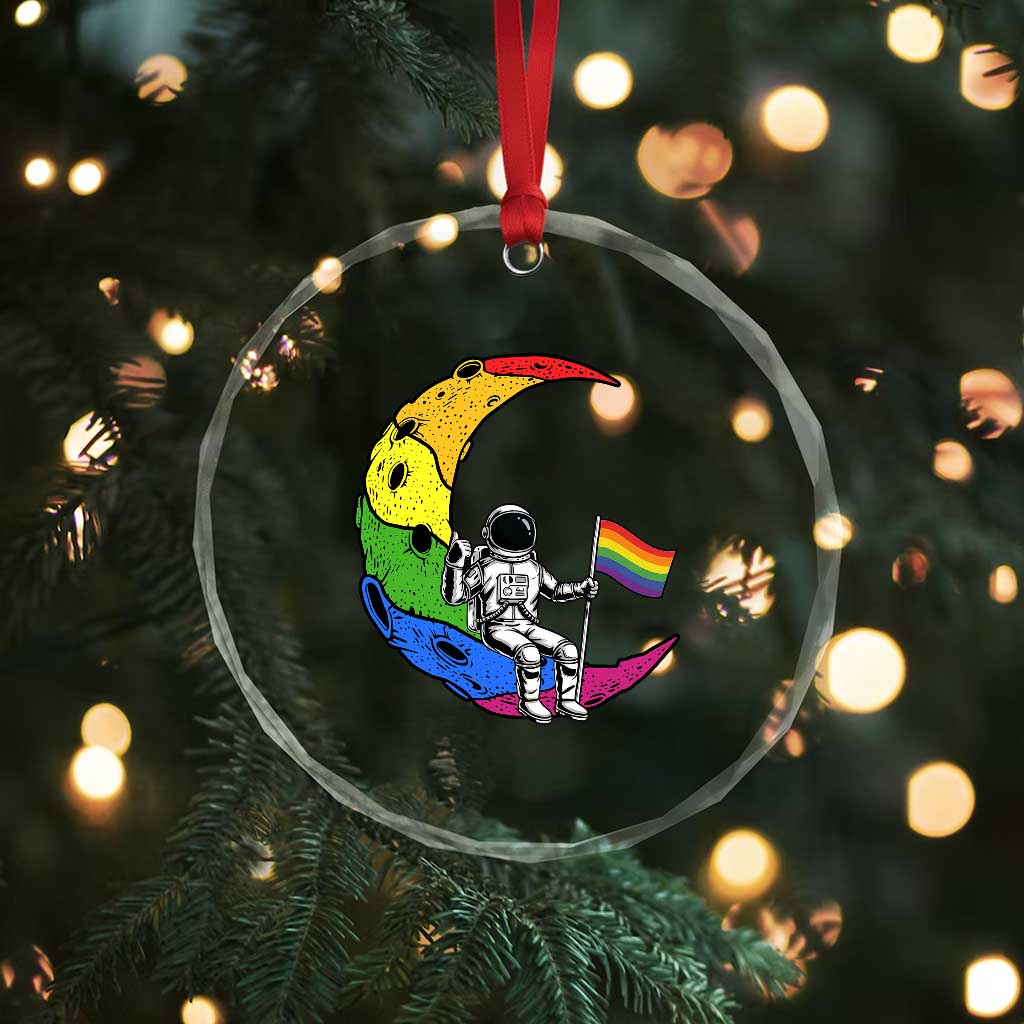 Rainbow Astronaut On The Moon LGBT Crystal Glass Ornament Spaceman Pride Month