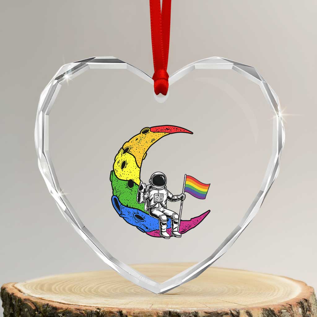 Rainbow Astronaut On The Moon LGBT Heart Crystal Glass Ornament Spaceman Pride Month TS12 Transparent Glass 3'' Heart Print Your Wear