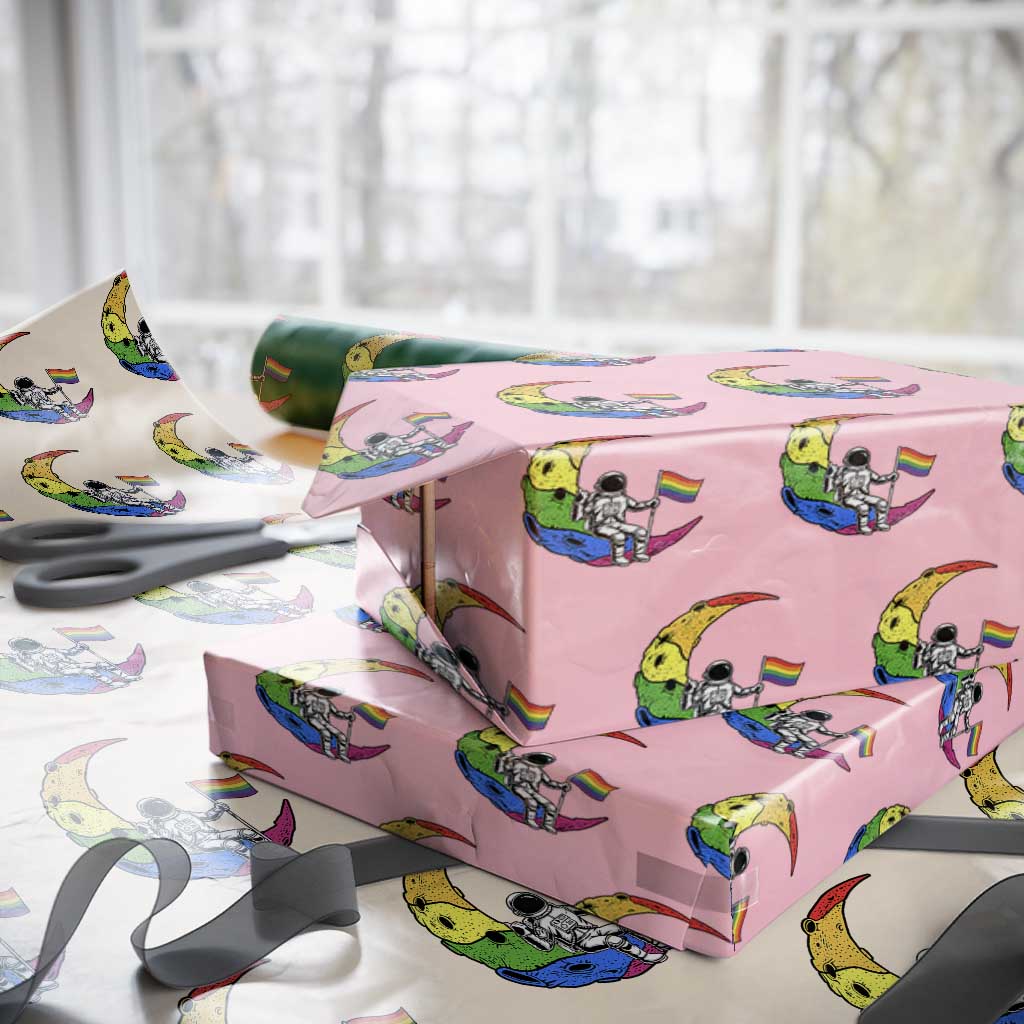 Rainbow Astronaut On The Moon LGBT Wrapping Paper Roll Spaceman Pride Month TS12 Light Pink Print Your Wear