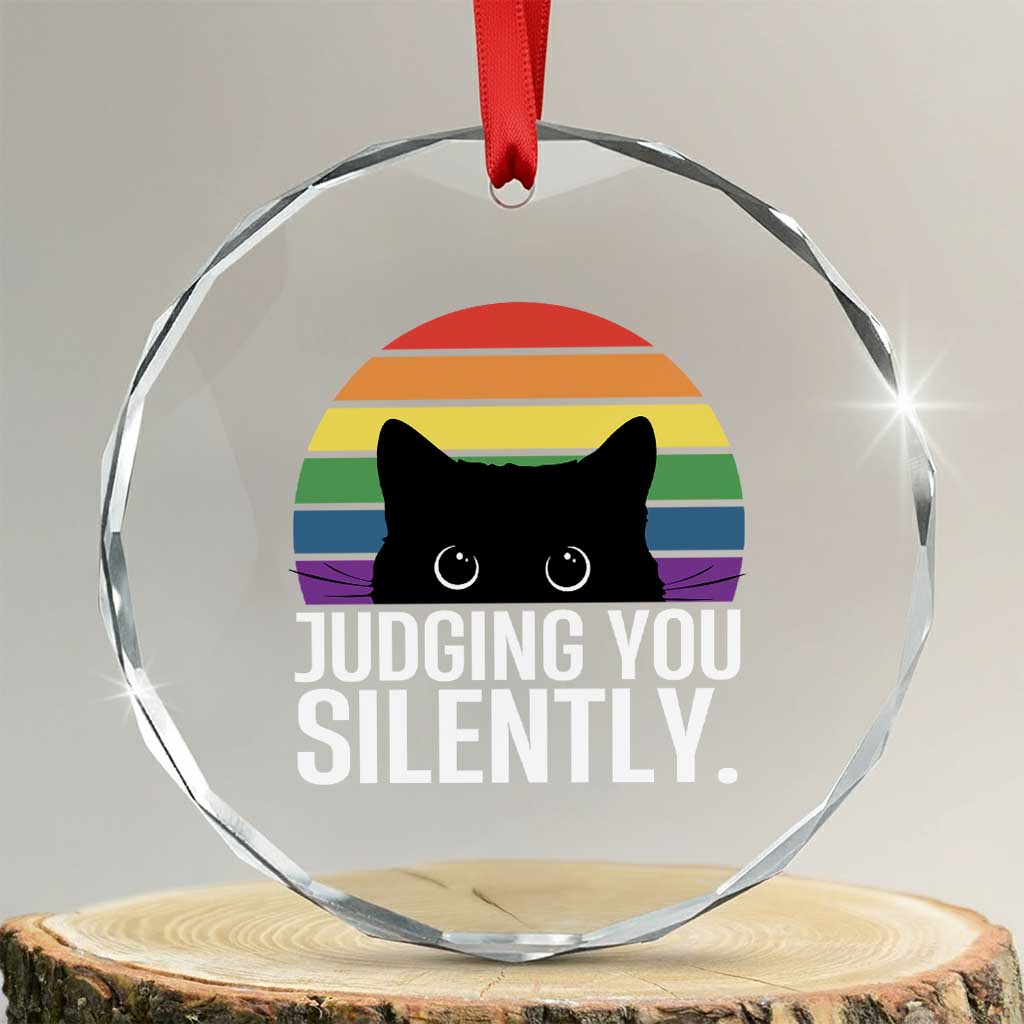 Rainbow Black Cat LGBT Pride Crystal Glass Ornament Judging You Silently TS14 Transparent Glass 3'' Circle Print Your Wear