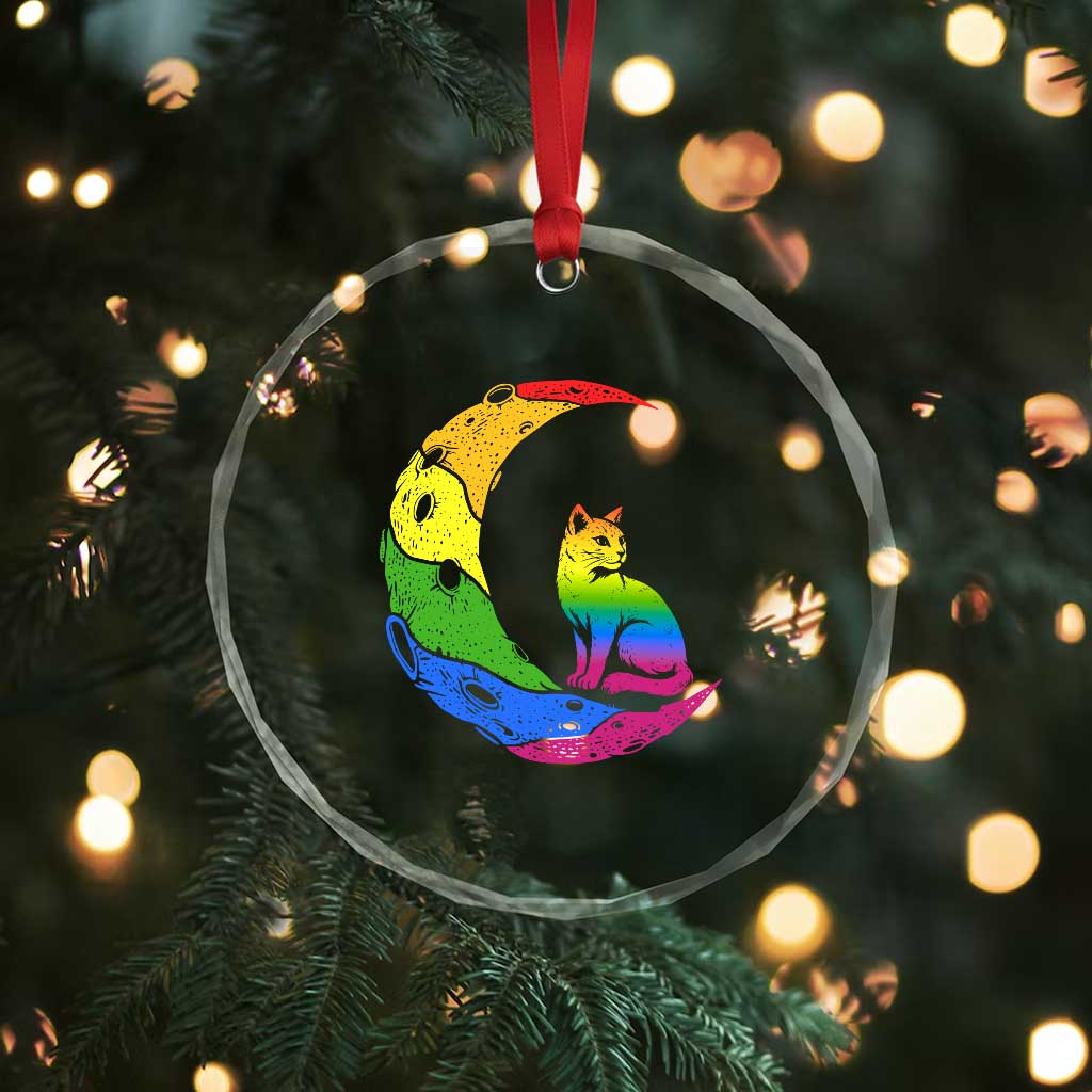 Rainbow Moon Cat Pride Crystal Glass Ornament LGBT Feline Graphic