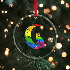 Rainbow Moon Cat Pride Crystal Glass Ornament LGBT Feline Graphic