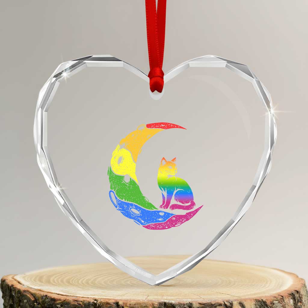 Rainbow Moon Cat Pride Heart Crystal Glass Ornament LGBT Feline Graphic TS12 Transparent Glass 3'' Heart Print Your Wear