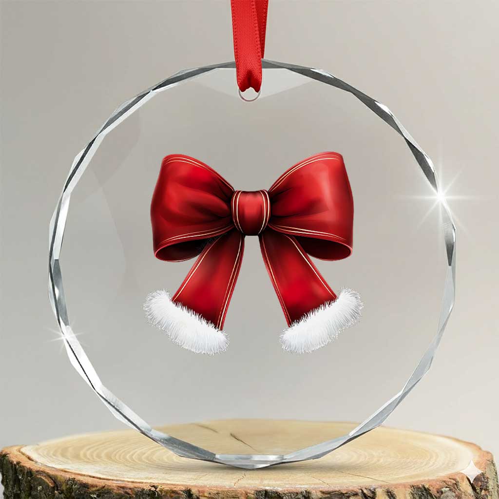 Red Coquette Bow Santa Retro Xmas Vibe Crystal Glass Ornament TS02 Transparent Glass 3'' Circle Print Your Wear