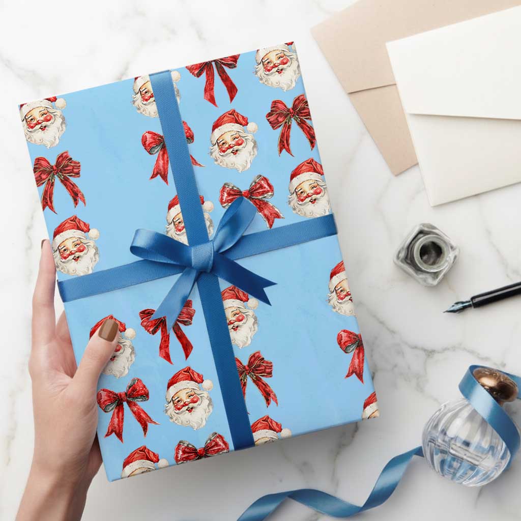 Red Plaid Coquette Bow Santa Claus Wrapping Paper Roll Merry Xmas Festive TS02 Light Blue Print Your Wear
