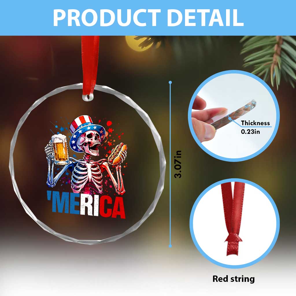 Red White And Blue Skeleton Party Crystal Glass Ornament American Freedom Vibes