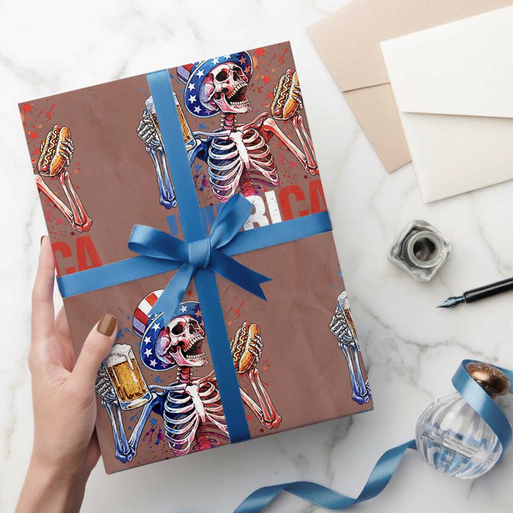 Red White And Blue Skeleton Party Wrapping Paper Roll American Freedom Vibes