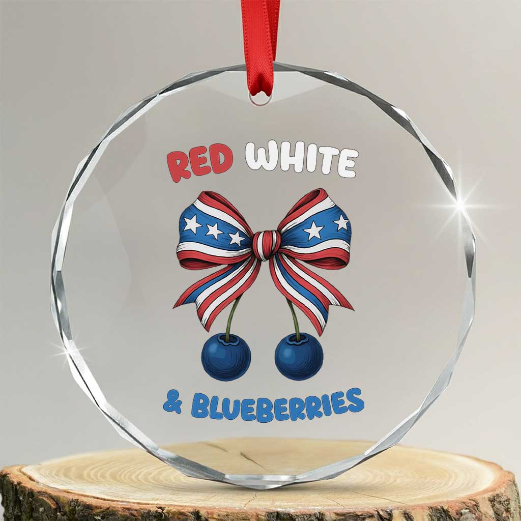 Red White and Blueberries Crystal Glass Ornament Retro Coquette Bow Vintage American Flag TS02 Transparent Glass 3'' Circle Print Your Wear
