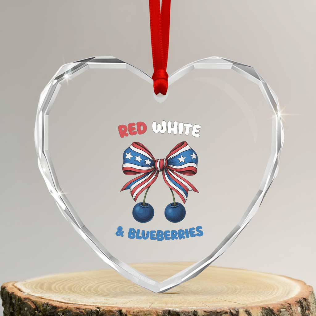 Red White and Blueberries Heart Crystal Glass Ornament Retro Coquette Bow Vintage American Flag TS02 Transparent Glass 3'' Heart Print Your Wear
