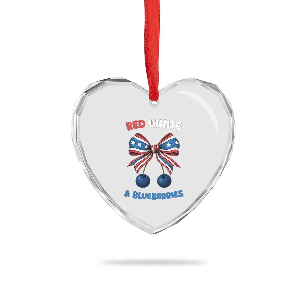 Red White and Blueberries Heart Crystal Glass Ornament Retro Coquette Bow Vintage American Flag TS02 Print Your Wear