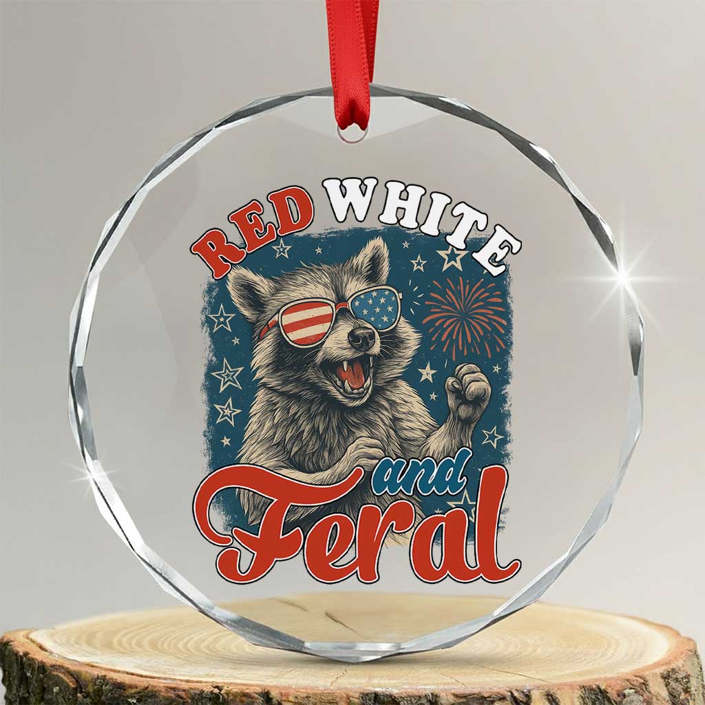 Red White and Feral Raccoon Crystal Glass Ornament Funny Patriotic Fireworks Wild 4th of July Vibes TS02 Transparent Glass 3'' Circle Print Your Wear