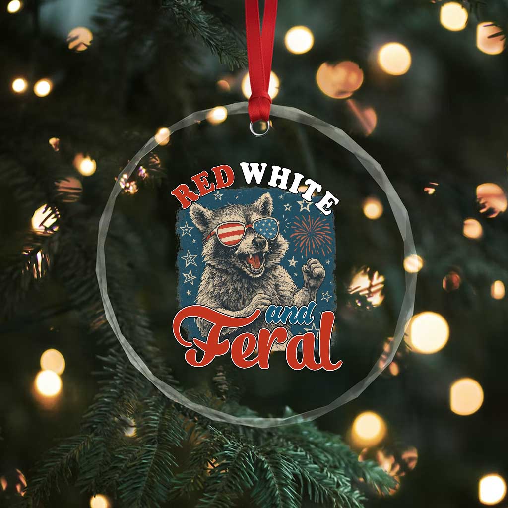 Red White and Feral Raccoon Crystal Glass Ornament Funny Patriotic Fireworks Wild 4th of July Vibes TS02 Print Your Wear