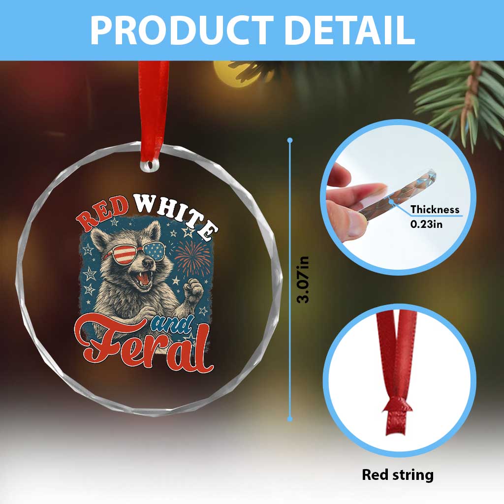 Red White and Feral Raccoon Crystal Glass Ornament Funny Patriotic Fireworks Wild 4th of July Vibes TS02 Print Your Wear