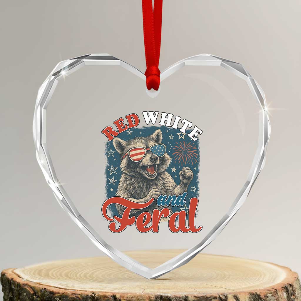 Red White and Feral Raccoon Heart Crystal Glass Ornament Funny Patriotic Fireworks Wild 4th of July Vibes TS02 Transparent Glass 3'' Heart Print Your Wear