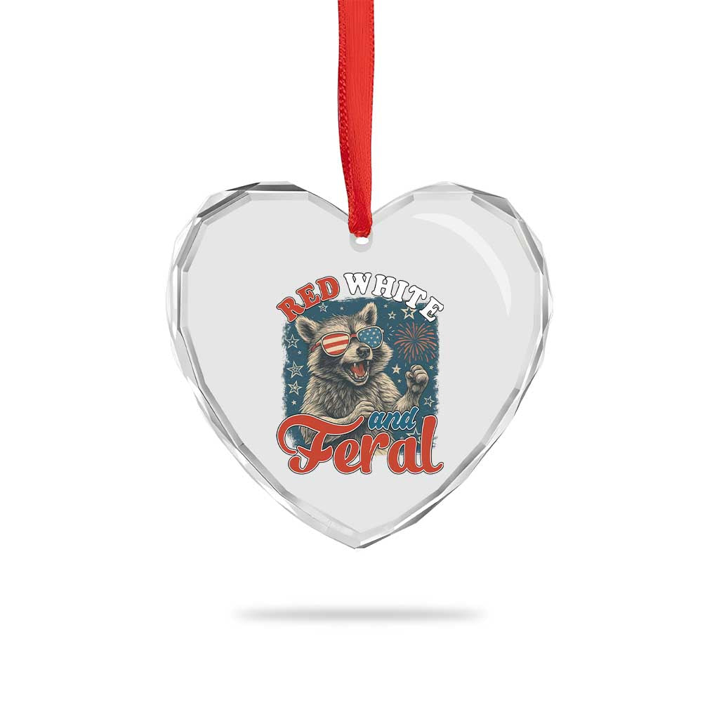 Red White and Feral Raccoon Heart Crystal Glass Ornament Funny Patriotic Fireworks Wild 4th of July Vibes TS02 Print Your Wear