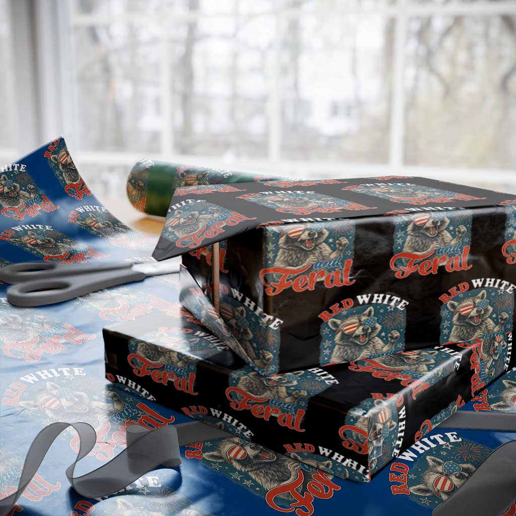 Red White and Feral Raccoon Wrapping Paper Roll Funny Patriotic Fireworks Wild 4th of July Vibes TS02 Black Print Your Wear