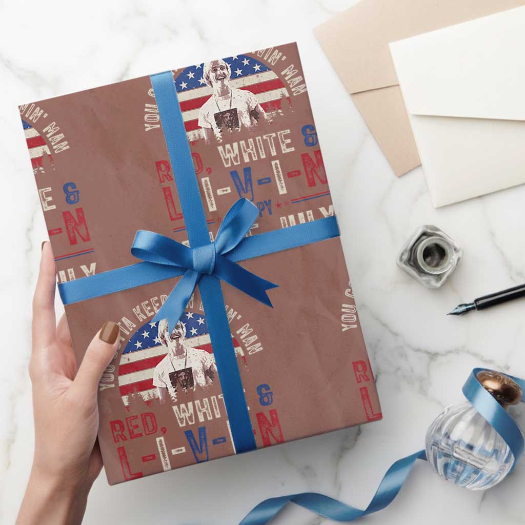 Red White and Livin Happy 4th of July Patriotic Wrapping Paper Roll Funny Retro Movie Quote You Gotta Keep On Living Man