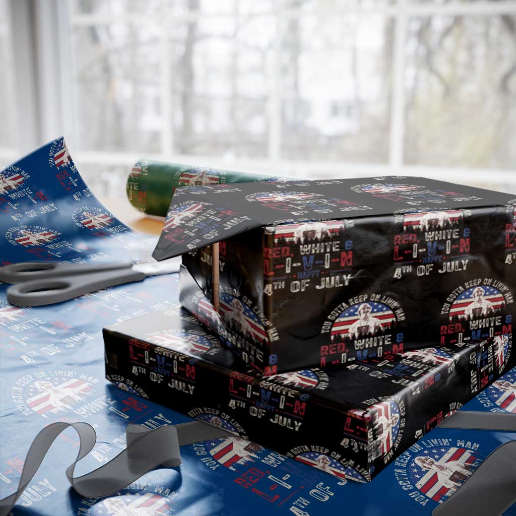 Red White and Livin Happy 4th of July Patriotic Wrapping Paper Roll Funny Retro Movie Quote You Gotta Keep On Living Man