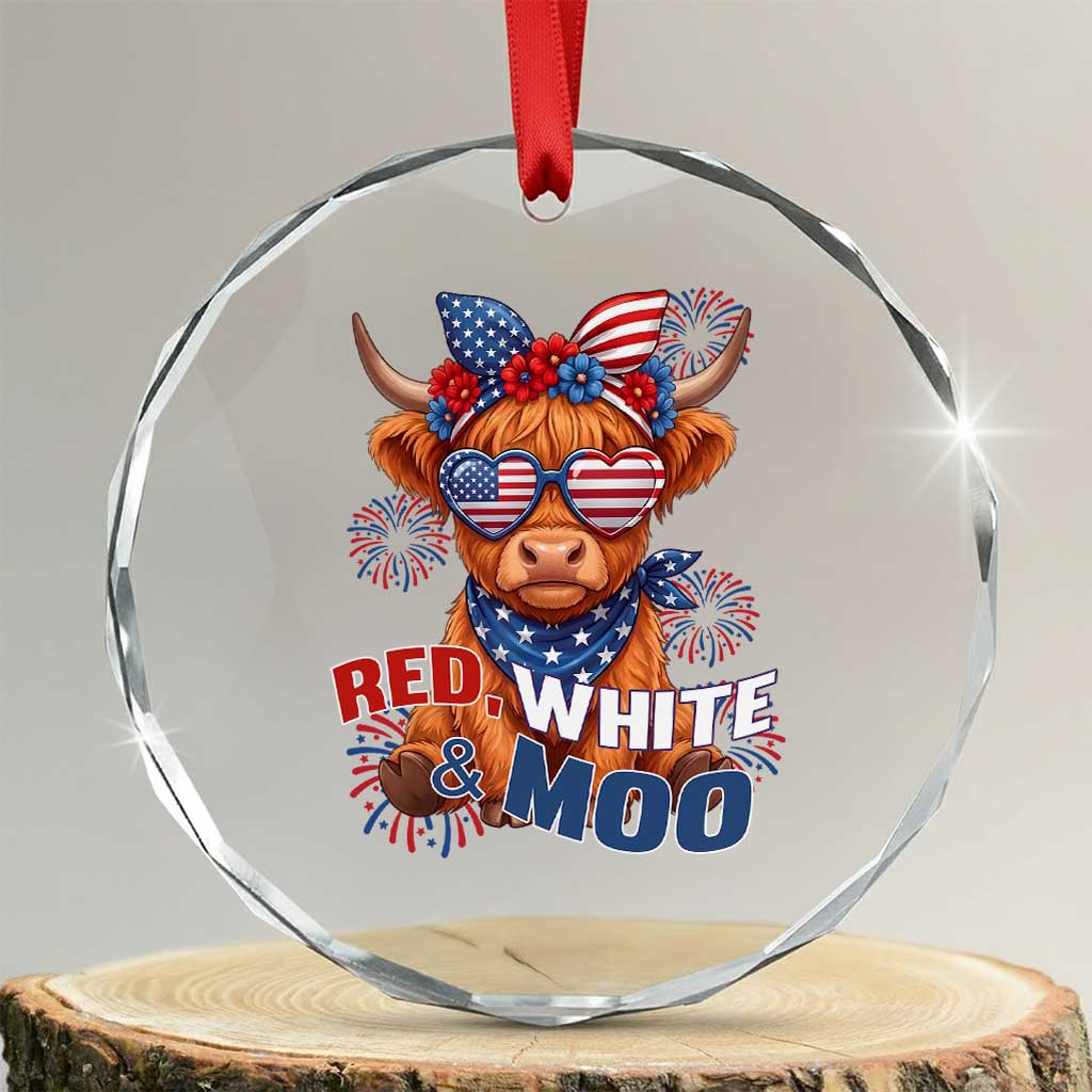 Red White and Moo Funny Patriotic Highland Cow Crystal Glass Ornament Cute American Flag Sunglasses and Bandana Summer Fireworks TS02 Transparent Glass 3'' Circle Print Your Wear