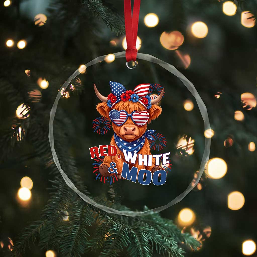 Red White and Moo Funny Patriotic Highland Cow Crystal Glass Ornament Cute American Flag Sunglasses and Bandana Summer Fireworks TS02 Print Your Wear