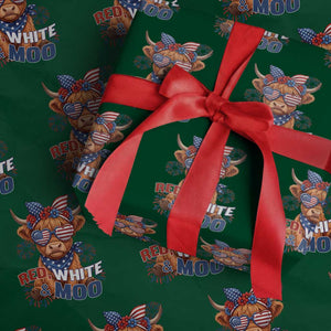 Red White and Moo Funny Patriotic Highland Cow Wrapping Paper Roll Cute American Flag Sunglasses and Bandana Summer Fireworks
