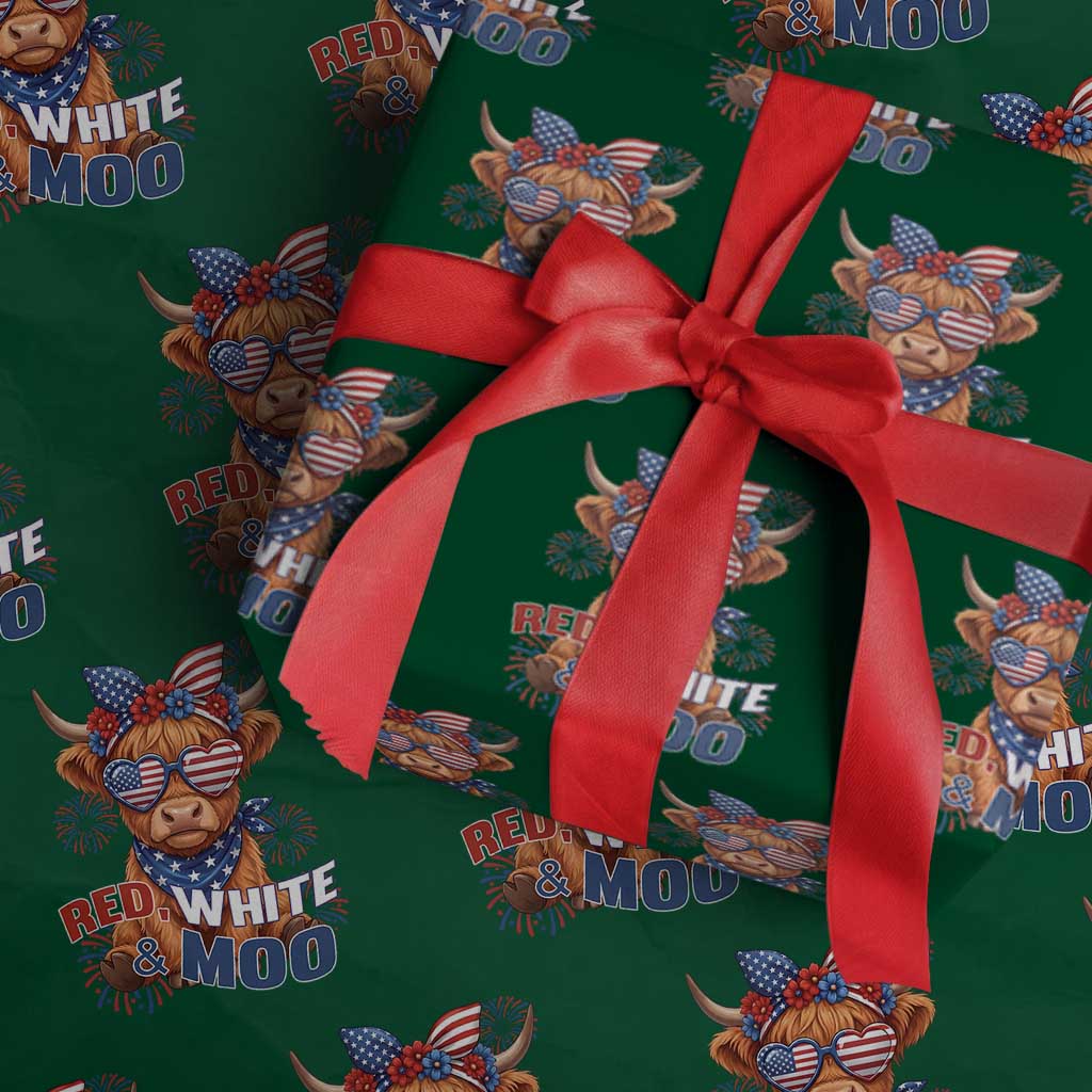 Red White and Moo Funny Patriotic Highland Cow Wrapping Paper Roll Cute American Flag Sunglasses and Bandana Summer Fireworks TS02 Green Print Your Wear
