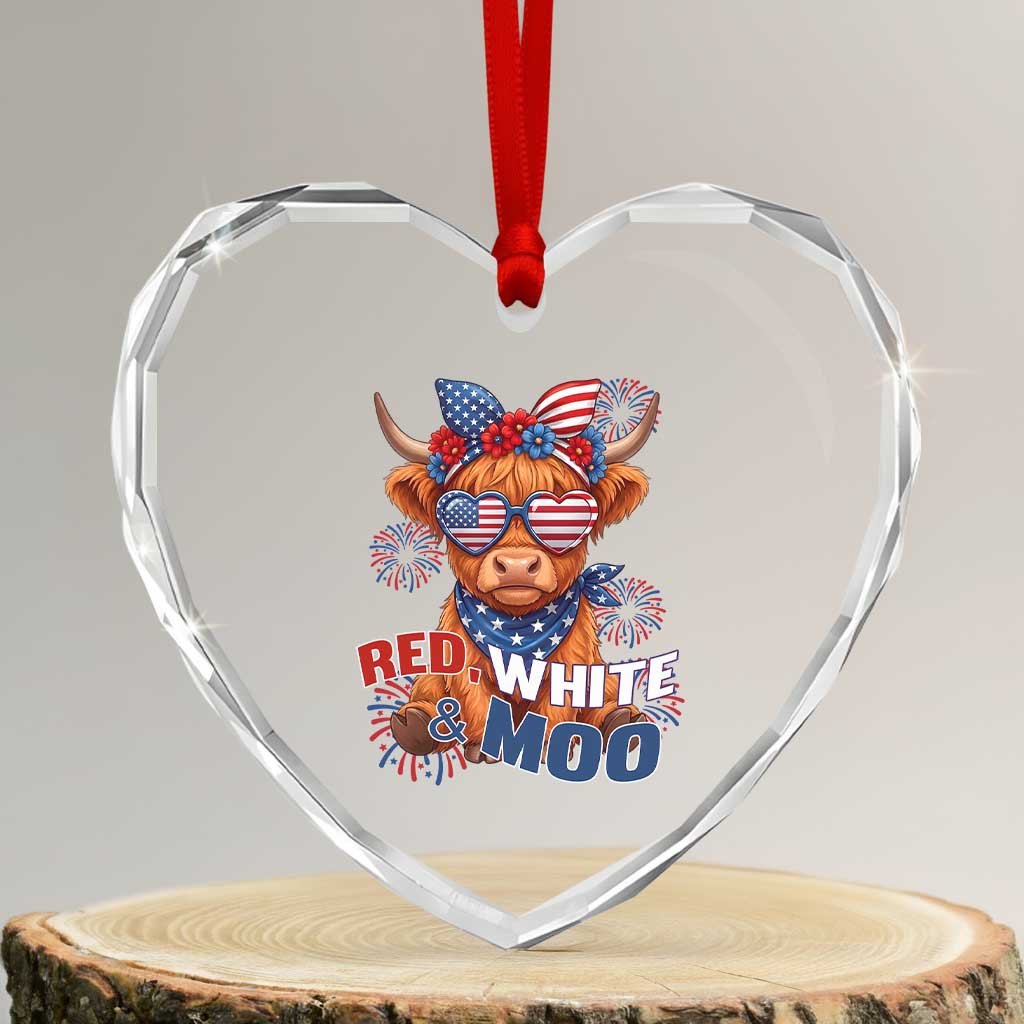 Red White and Moo Funny Patriotic Highland Cow Heart Crystal Glass Ornament Cute American Flag Sunglasses and Bandana Summer Fireworks