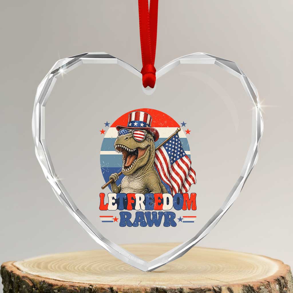 Red White Blue Dinosaur Pride Heart Crystal Glass Ornament Let Freedom Rawr